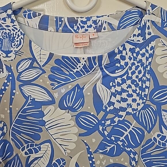 Persifor Winpenny Blue Tropical Leaf Cheetah Print Aline Dress Size Small - Picture 4 of 10